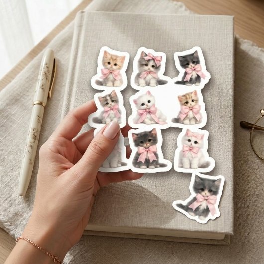 Adorable Pink Bow Kittens Cute Cat Lover's シール