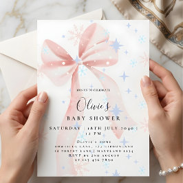 Adorable Pink Bow & Snowflakes Baby Shower 招待状