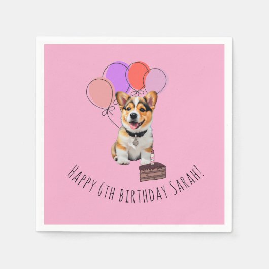 Adorable Pink Corgi Birthday Customizable スタンダードカクテルナプキン (正面)