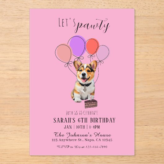 Adorable Playful Pink Corgi Birthday Customizable アクリル招待状 (正面)