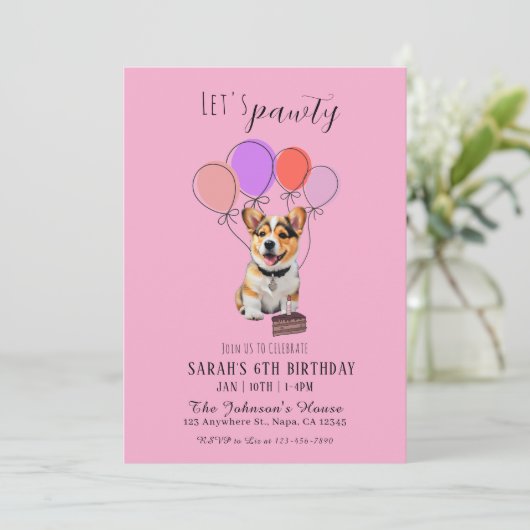 Adorable Playful Pink Corgi Birthday Customizable 招待状 (スタンド正面)