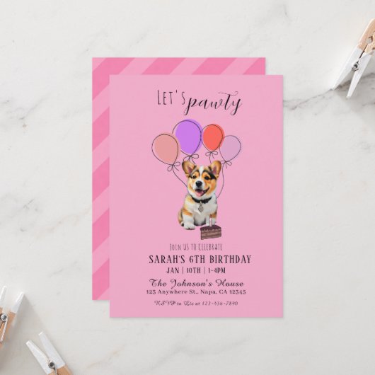 Adorable Playful Pink Corgi Birthday Customizable 招待状 (正面/裏面インサイチュ)