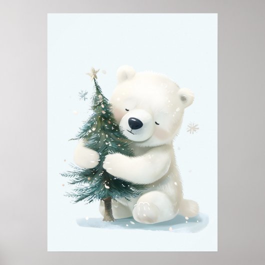 Adorable Polar Bear Hugging Christmas Tree, Cute  ポスター (正面)