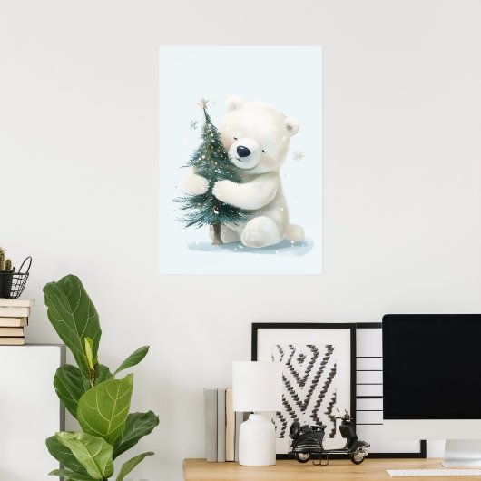 Adorable Polar Bear Hugging Christmas Tree, Cute  ポスター (ホームオフィス)