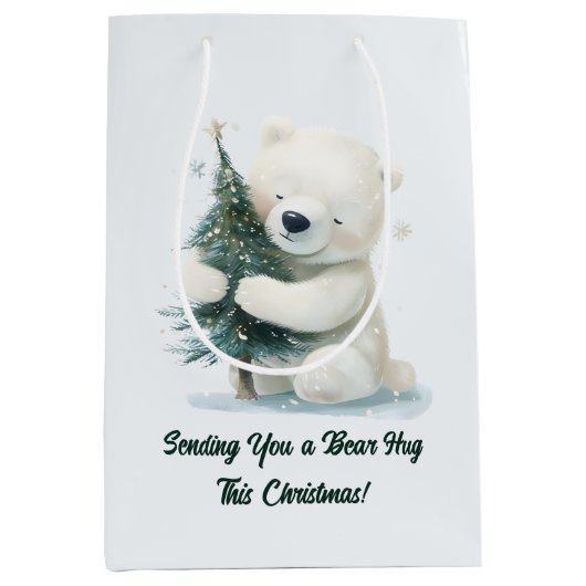 Adorable Polar Bear Hugging Christmas Tree, Cute  ミディアムペーパーバッグ (正面)
