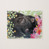 Adorable pug with watercolor flowers ジグソーパズル (横)
