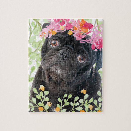 Adorable pug with watercolor flowers ジグソーパズル (縦)