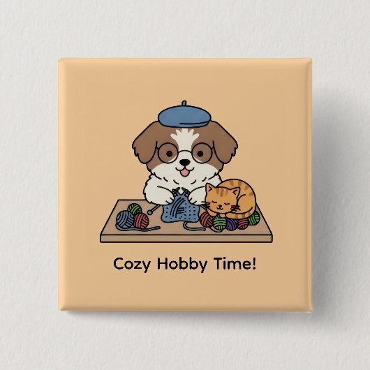Adorable Puppy Knitting with Friend Hobby Art Pin 缶バッジ (正面)
