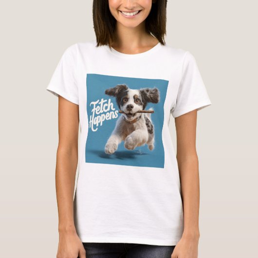 Adorable Puppy Mid-Air Running with a Stick Tシャツ (正面)