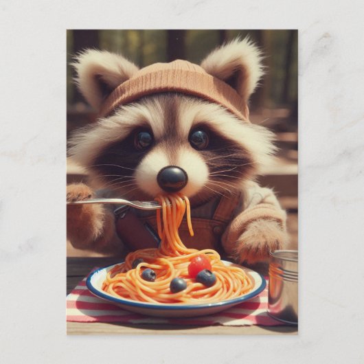 Adorable Raccoon Eats Spaghetti ポストカード (正面)
