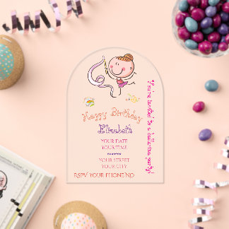 Adorable Rainbow Pink Stick Figure Ballerina Girl アクリル招待状