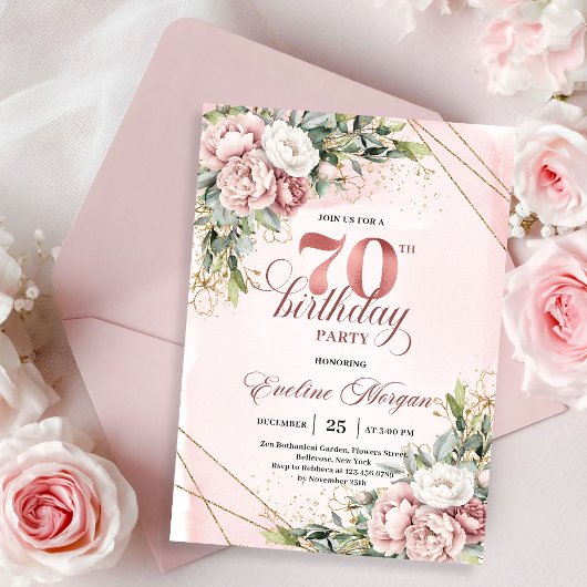 Adorable Rose Gold Eucalyptus Floral 70th Birthday 招待状