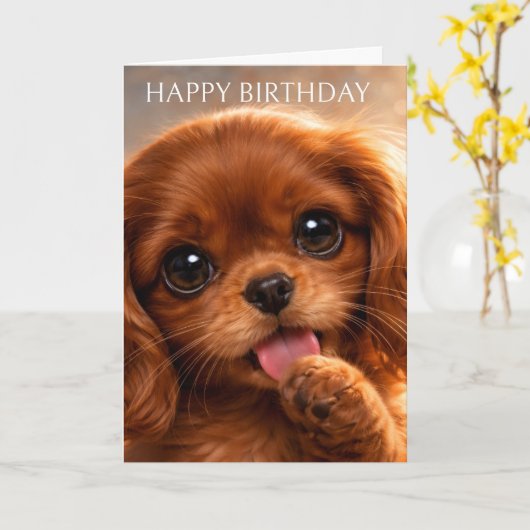Adorable Ruby Cavalier Spaniel カード (黄色い花)