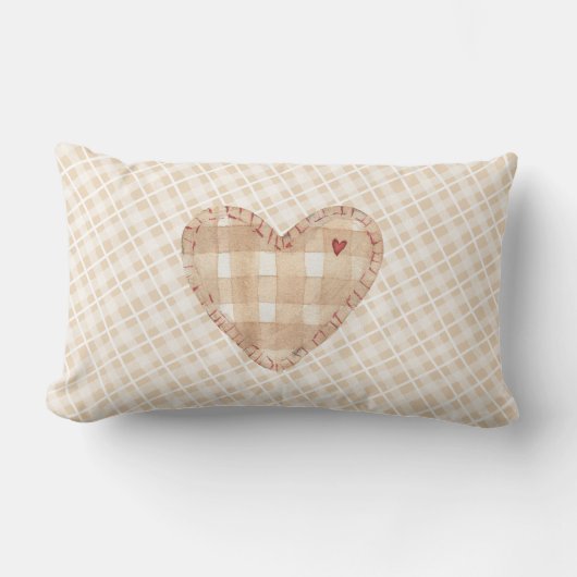 Adorable rustic tartan pattern with heart Brown ランバークッション (正面)