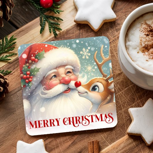 Adorable Santa and Rudolph Christmas Paper Coaster スクエアペーパーコースター