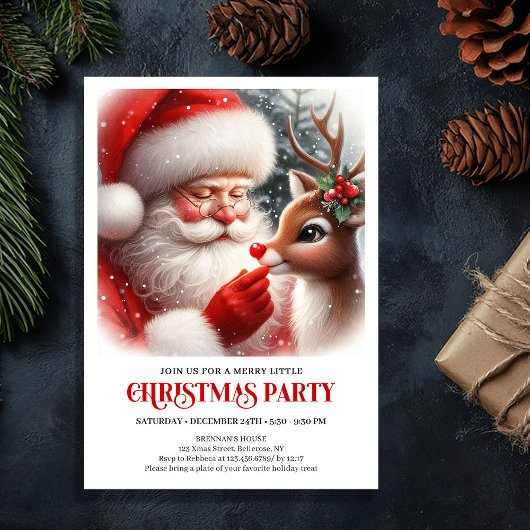 Adorable Santa and Rudolph Christmas Party Invite 招待状