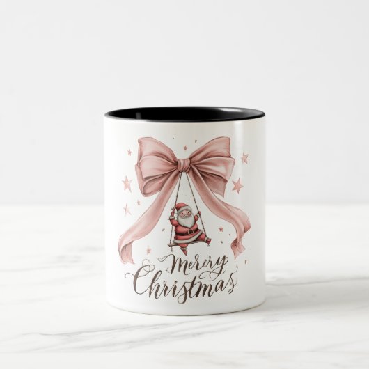 Adorable Santa Christmas Mug with Pink Bow ツートーンマグカップ (中央)