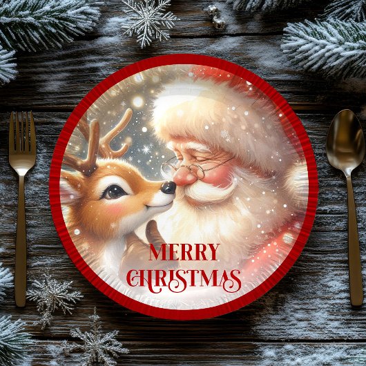 Adorable Santa Claus and Rudolph Party Plates ペーパープレート