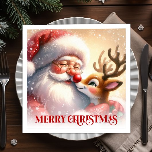 Adorable Santa Rudolph Festive Party Napkins スタンダードカクテルナプキン