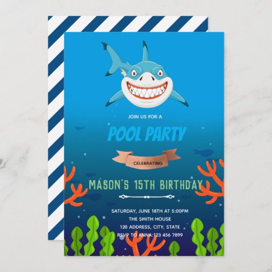 Adorable Shark Birthday Invite 招待状 (正面/裏面)