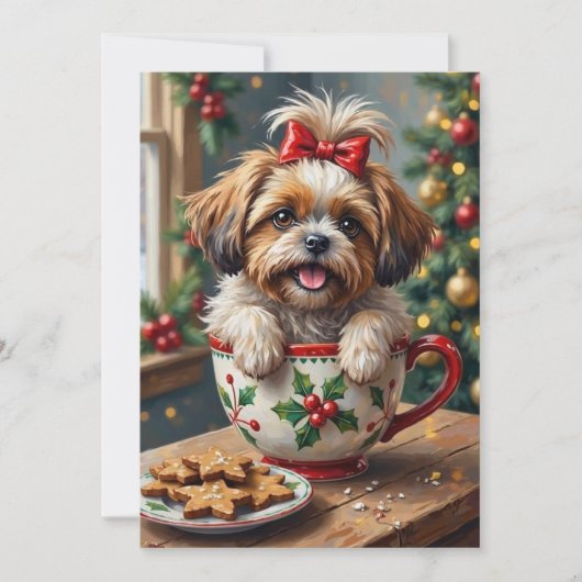 Adorable Shih Tzu Dog in Christmas Mug Cozy Art シーズンカード (正面)
