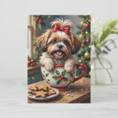 Adorable Shih Tzu Dog in Christmas Mug Cozy Art シーズンカード (スタンド正面)