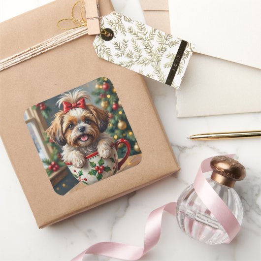 Adorable Shih Tzu Dog in Christmas Mug Cozy Art スクエアシール (ギフト)