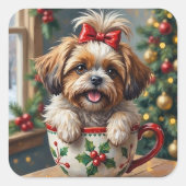 Adorable Shih Tzu Dog in Christmas Mug Cozy Art スクエアシール (正面)