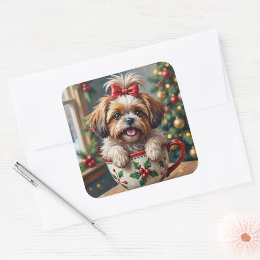 Adorable Shih Tzu Dog in Christmas Mug Cozy Art スクエアシール (封筒)