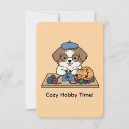 Adorable Shih Tzu Knitting with Cat Companion Card サンキューカード