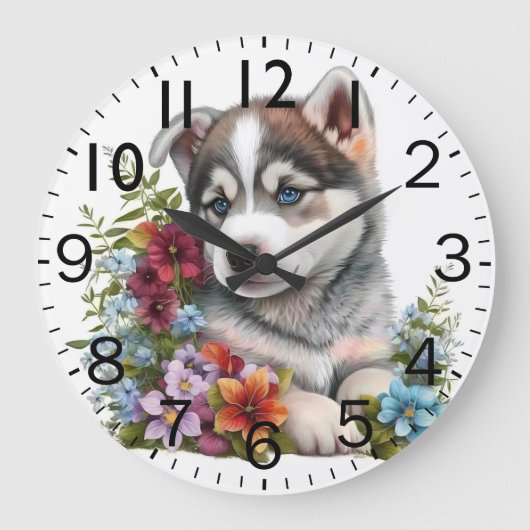 Adorable Siberian Husky Puppy Dog ラージ壁時計 (正面)