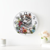 Adorable Siberian Husky Puppy Dog ラージ壁時計 (ホーム)
