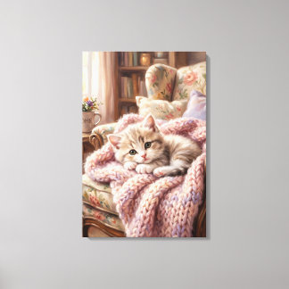 Adorable Sleeping Kitten on Teddy Bear Oil Paintin キャンバスプリント