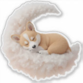 Adorable Sleeping Puppy on Fluffy Moon Sticker. シール (正面)