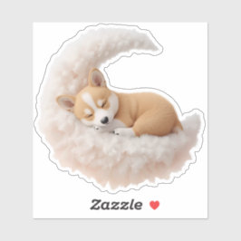Adorable Sleeping Puppy on Fluffy Moon Sticker. シール