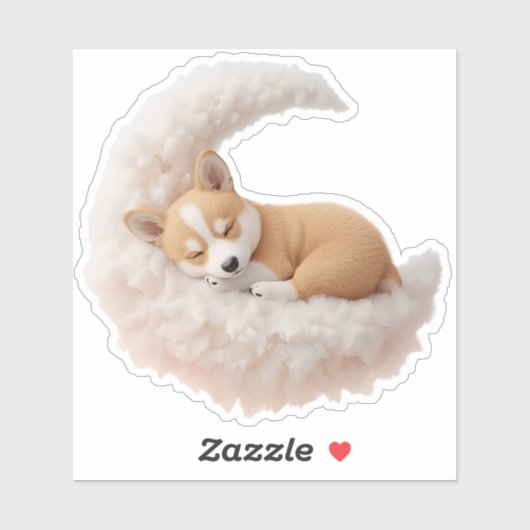 Adorable Sleeping Puppy on Fluffy Moon Sticker. シール (シート)