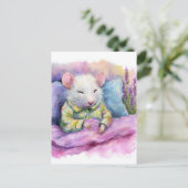 Adorable Sleeping White Mouse in PJs Watercolor ポストカード (スタンド正面)