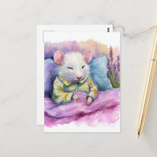 Adorable Sleeping White Mouse in PJs Watercolor ポストカード (正面/裏面インサイチュ)
