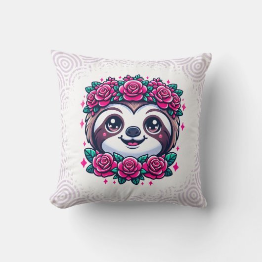 Adorable Sloth with Floral Crown クッション (正面)