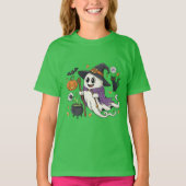 Adorable Spooky Ghost Witch with Pumpkin & Black C Tシャツ (正面)