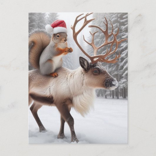 Adorable Squirrel Santa and the Reindeer ポストカード (正面)