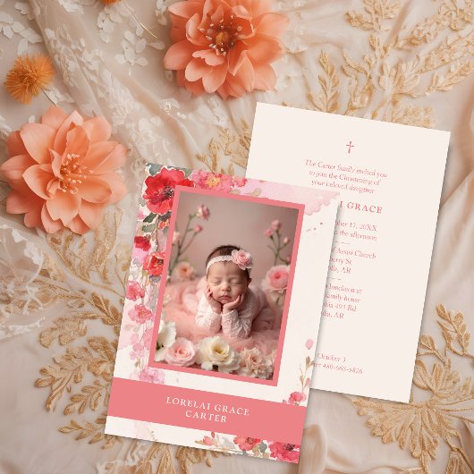 Adorable Sweet Pastel Coral Floral Photo Baptism  招待状