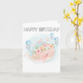 Adorable Swimming Whale Happy Birthday カード (黄色い花)