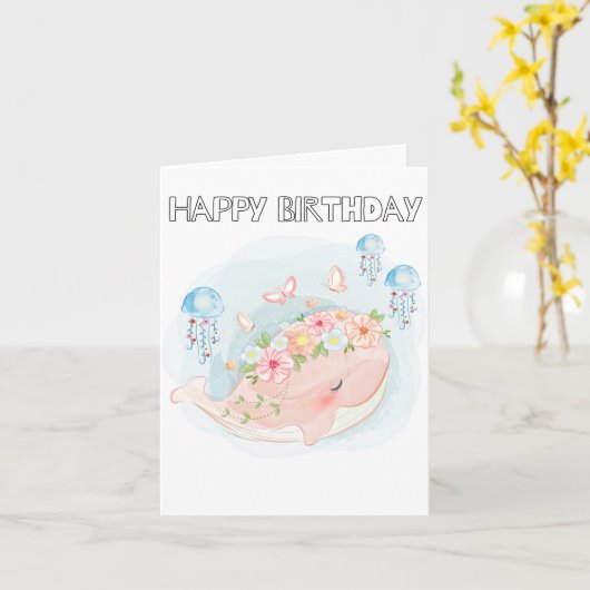 Adorable Swimming Whale Happy Birthday カード (黄色い花)