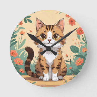 Adorable Tabby Cat in Blossom Garden 8" Round Acry ラウンド壁時計