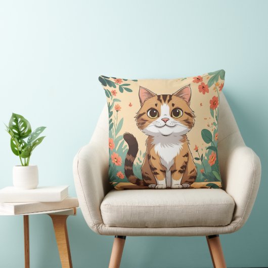 Adorable Tabby Cat in Blossom Garden Throw Pillow クッション (椅子)