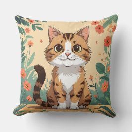 Adorable Tabby Cat in Blossom Garden Throw Pillow クッション