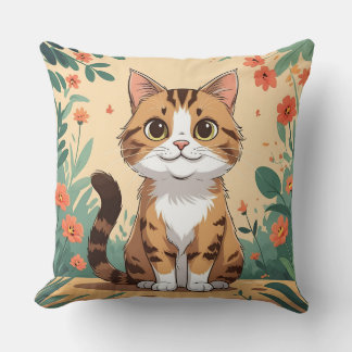 Adorable Tabby Cat in Blossom Garden Throw Pillow クッション