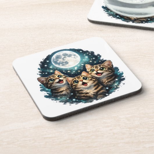 Adorable Tabby Kittens & Full Moon Sparkle Plastic コースター (左側)