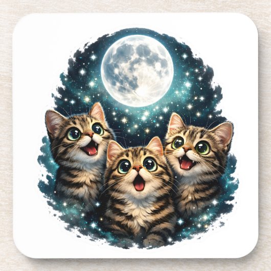 Adorable Tabby Kittens & Full Moon Sparkle Plastic コースター (正面)